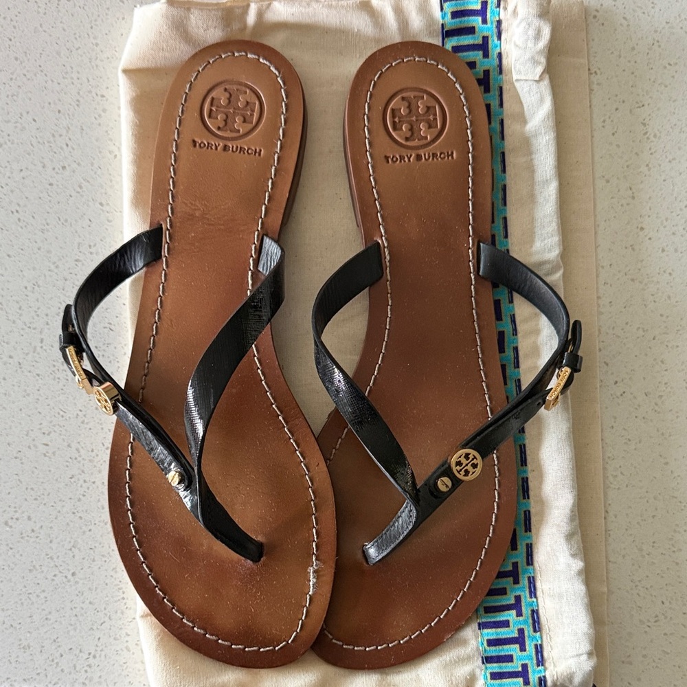 Tory Burch Black and Tan Flip Flops